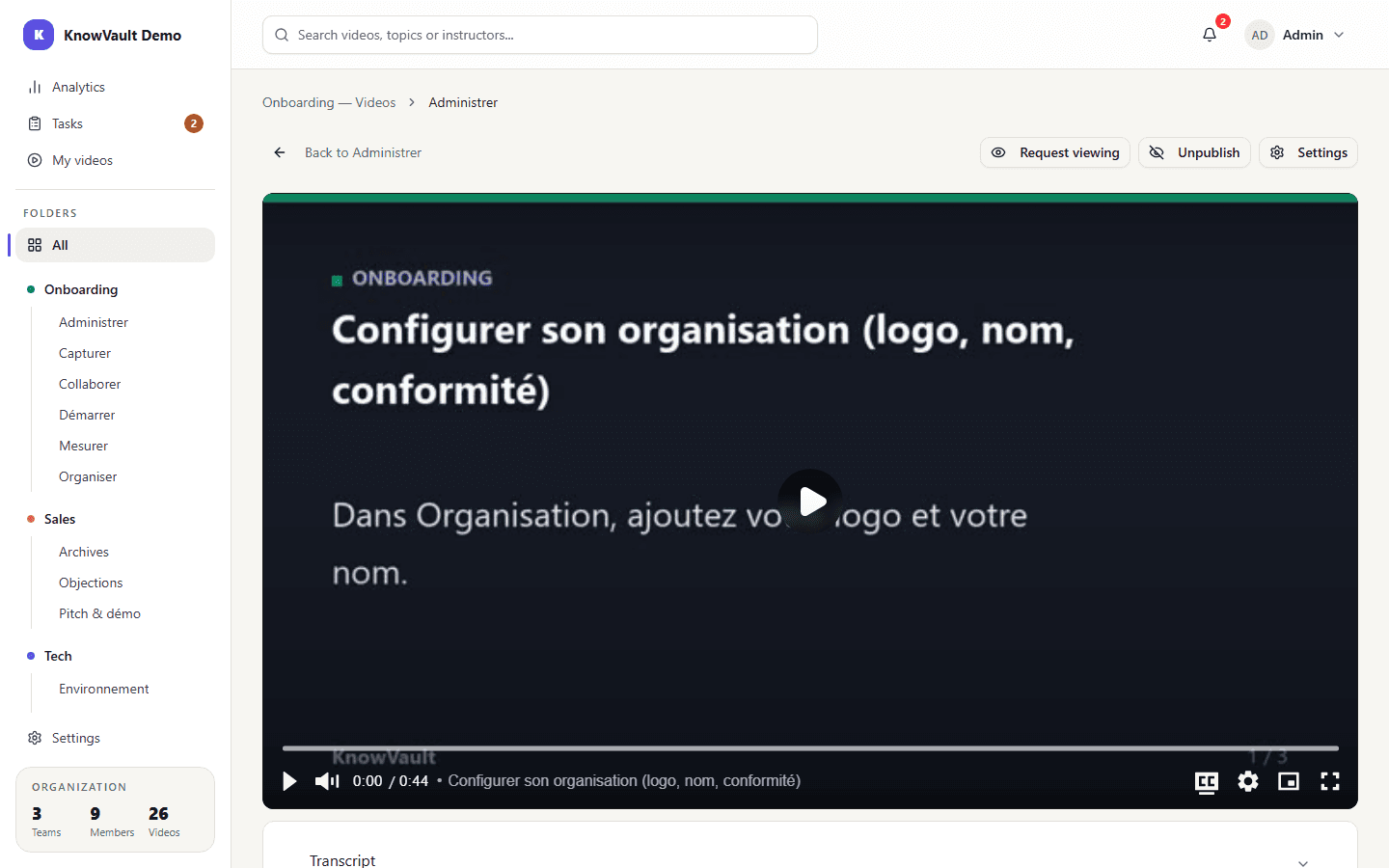 A video page with the Settings and Unpublish buttons
