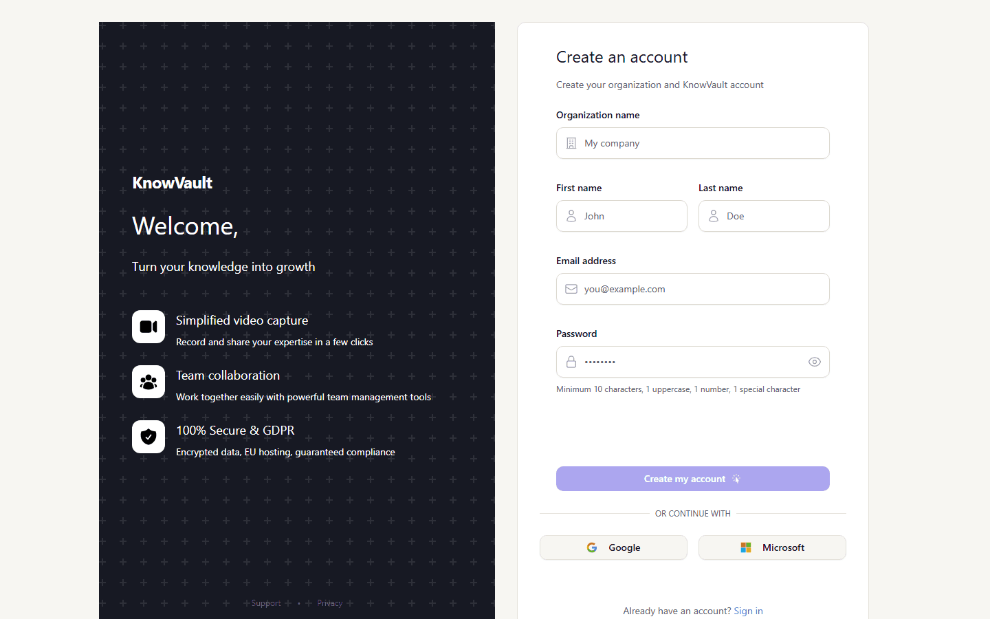 KnowVault sign-up form