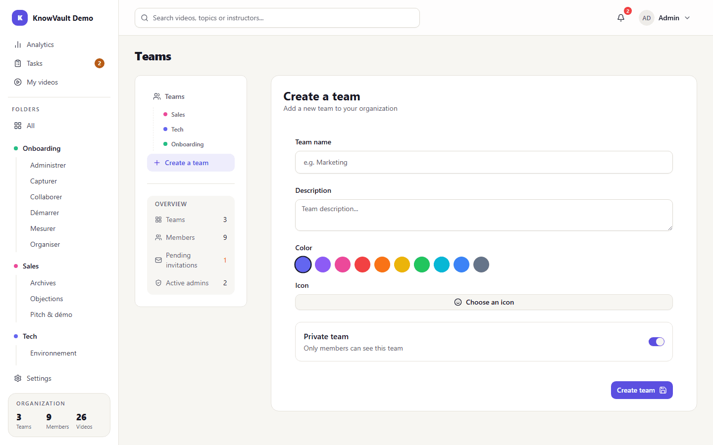 Team creation form