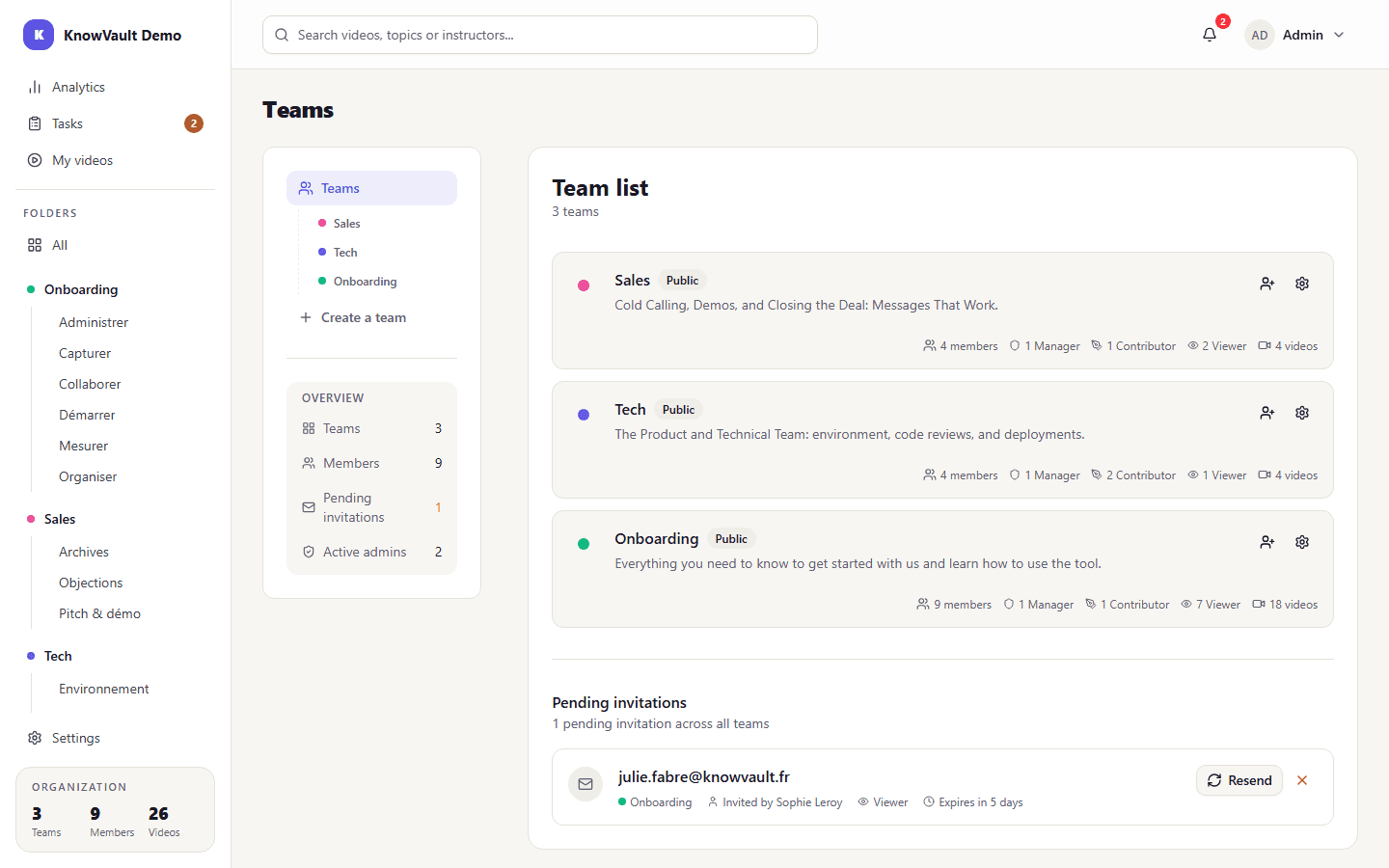Team list and pending invitations